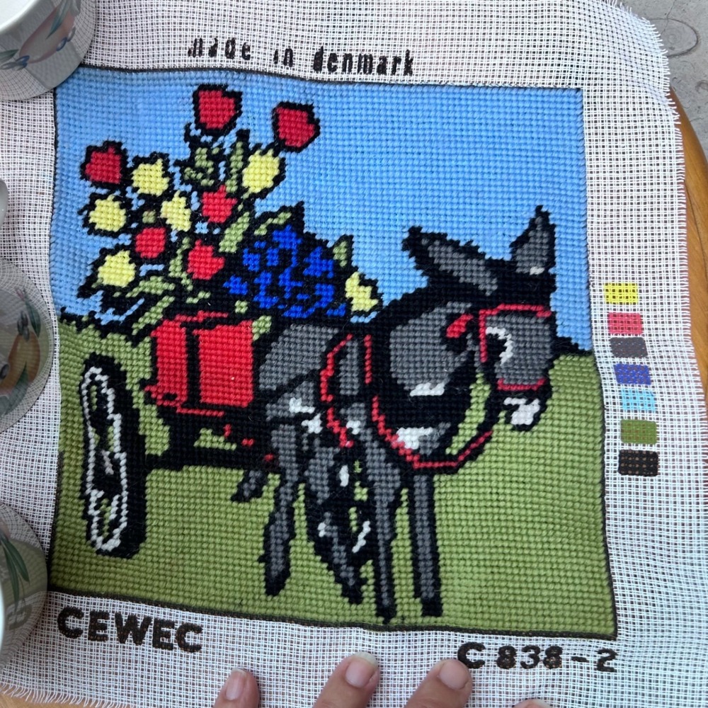 Vintage Needlepoint Tapestry Panel Donkey Flower Basket Folk Art Cewec Denmark
